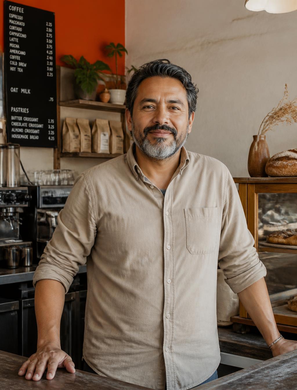 Hombre emprendedor de barba en su negocio.