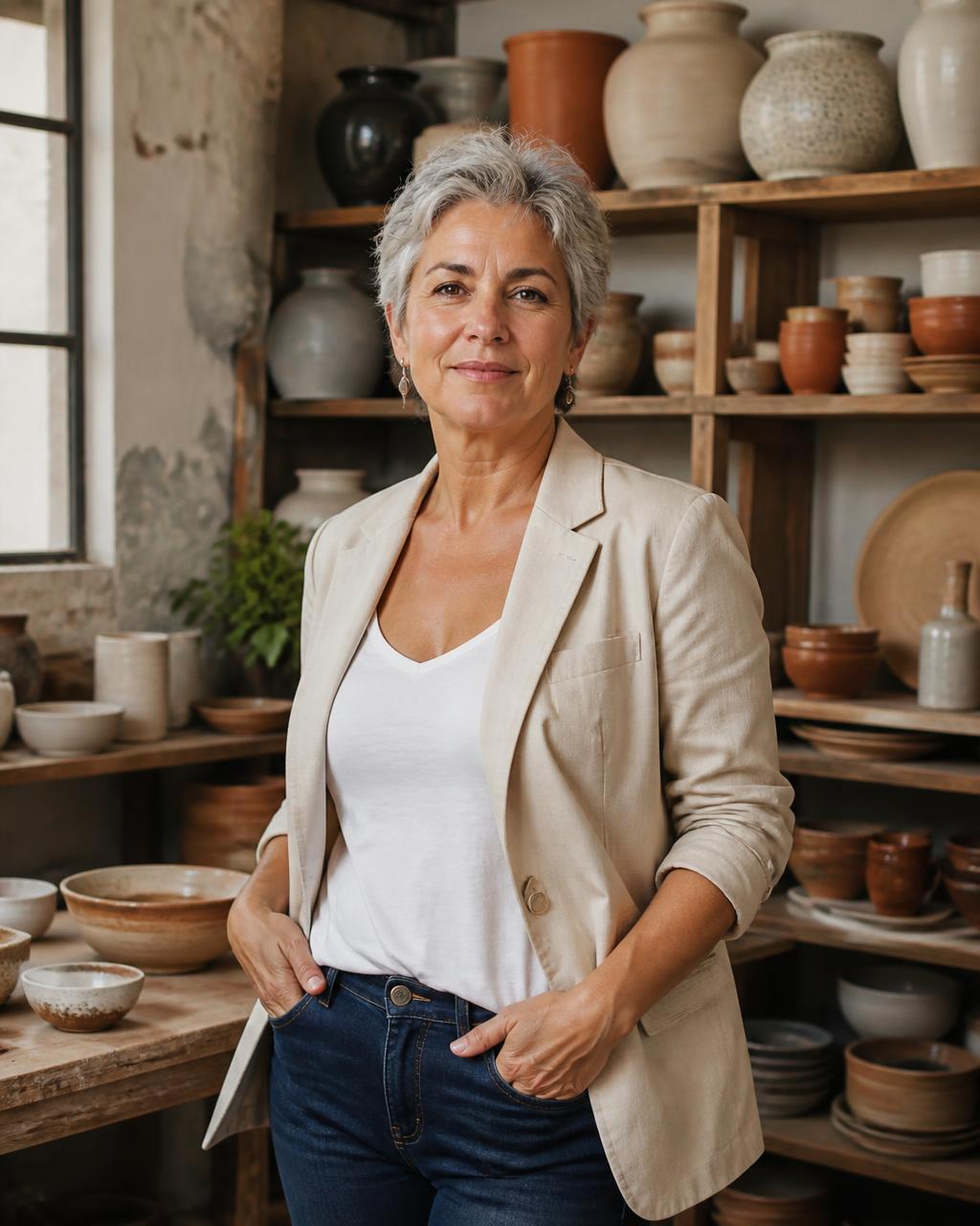 Mujer emprendedora mayor de 50 años en su negocio de cerámica.